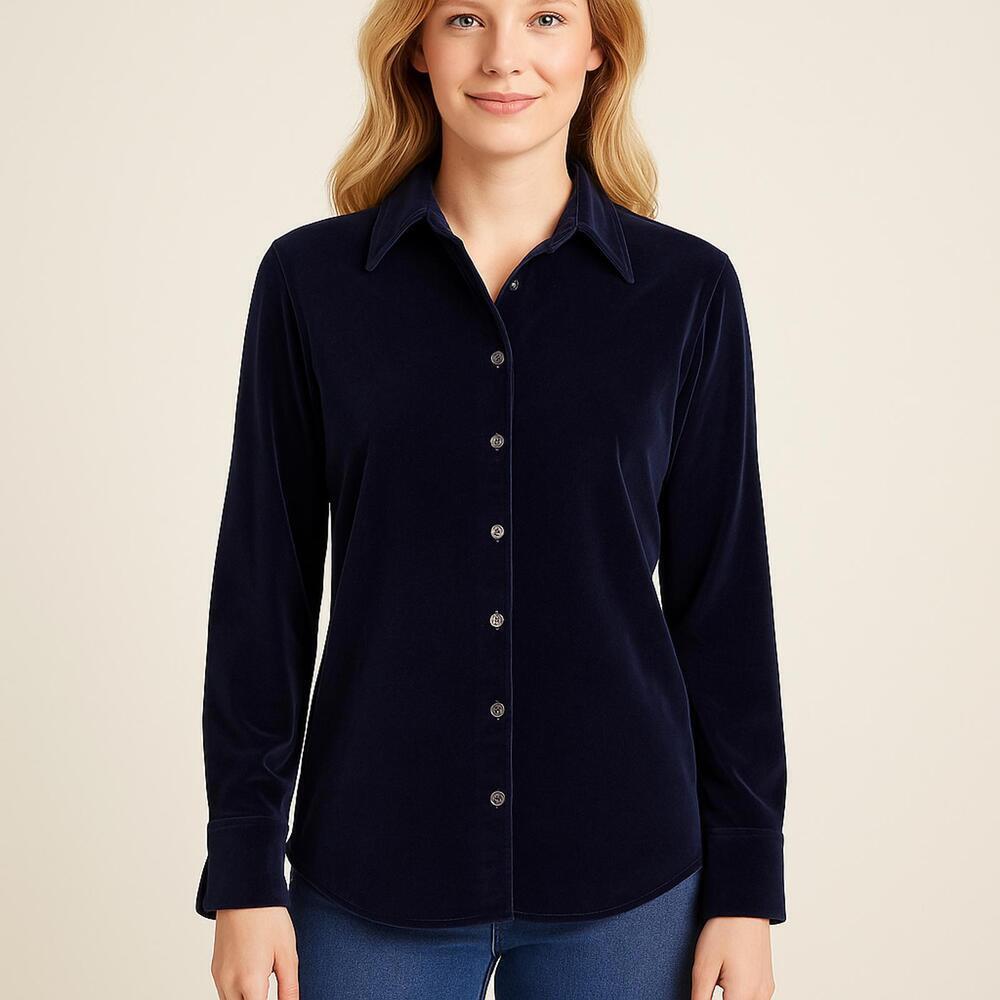 Faconnable XS Black Velvet Button Front Shirt Stretch Cotton France Hong